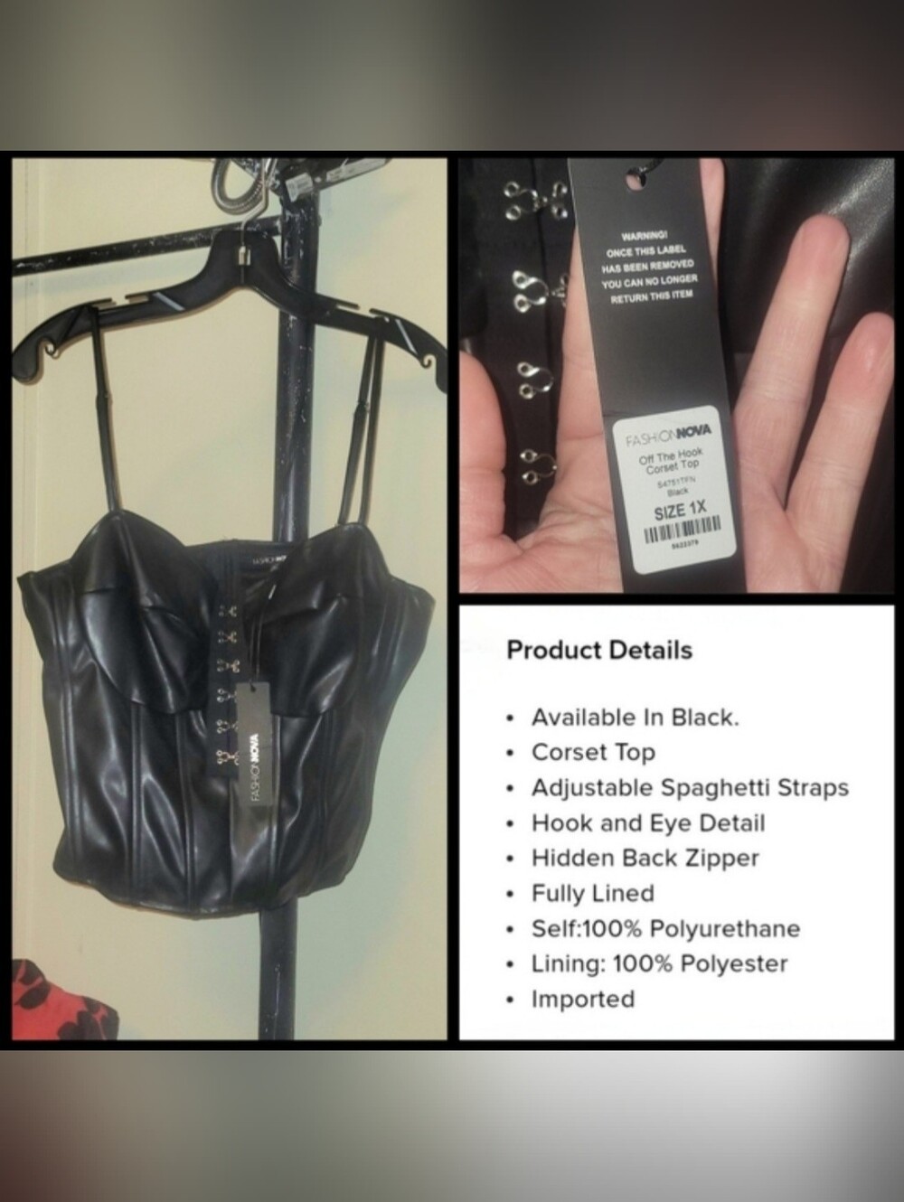 Fashion Nova Off the hook blk faux leather spaghetti strap corset top 1X NWT - Picture 5 of 17